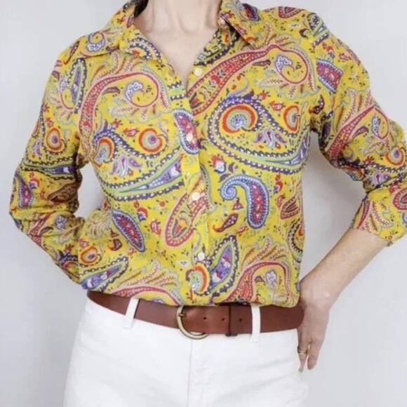 Lauren Ralph Lauren Paisley Top Sz P XS Button Up Shirt 3/4 Sleeve Yellow multi - Picture 1 of 13